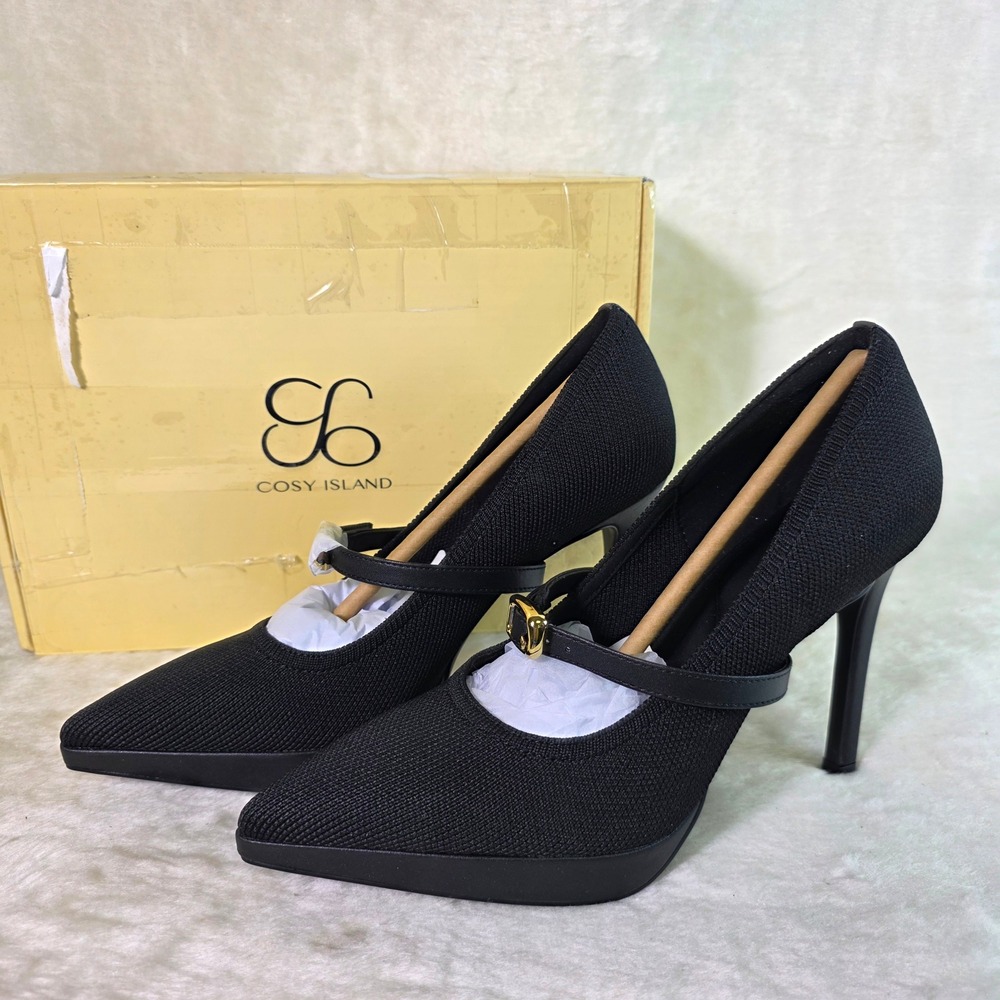 Cosy Island Mary Jane Stiletto Pumps Styleflex Black Pointed Toe Womens 7 New